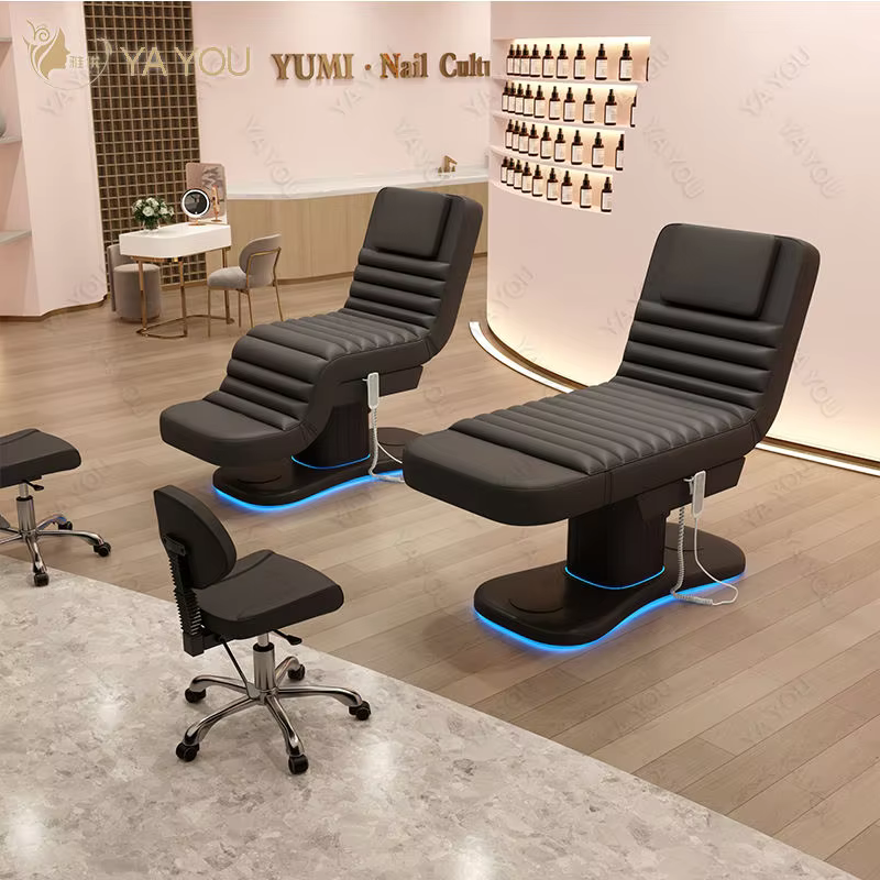 Table de massage électrique à 3 moteurs avec éclairage LED, chaise faciale noire côtelée, mobilier de spa médical et de salon de beauté