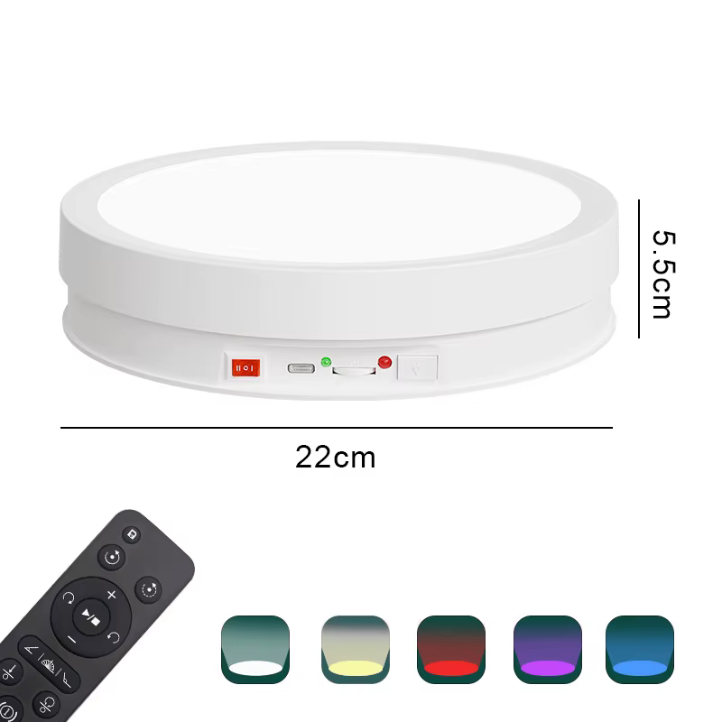 Table de présentation rotative électrique avec télécommande pour cosmétiques, parfums, tournage vidéo en direct, éclairage lumineux, plateau tournant
