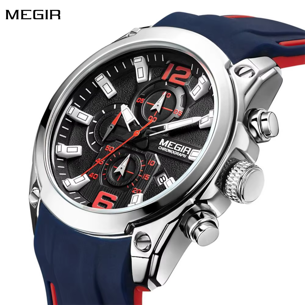 Montre Chronographe Analogique à Quartz Megir 2063 avec Date, Aiguilles Lumineuses, Bracelet en Caoutchouc Silicone Étanche, Acier Inoxydable