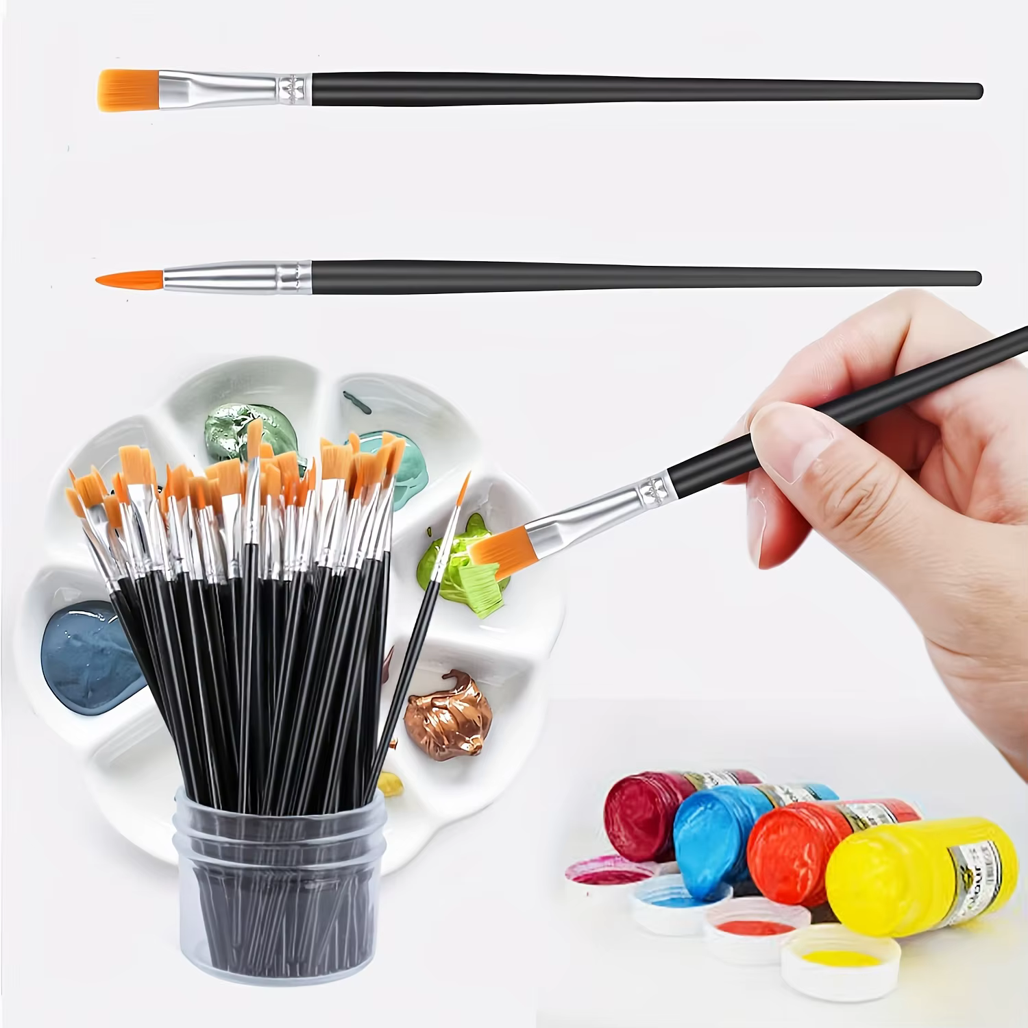 100 pinceaux en nylon noir avec pointes plates et rondes, adaptés à la peinture à l'huile, à l'aquarelle et à la toile