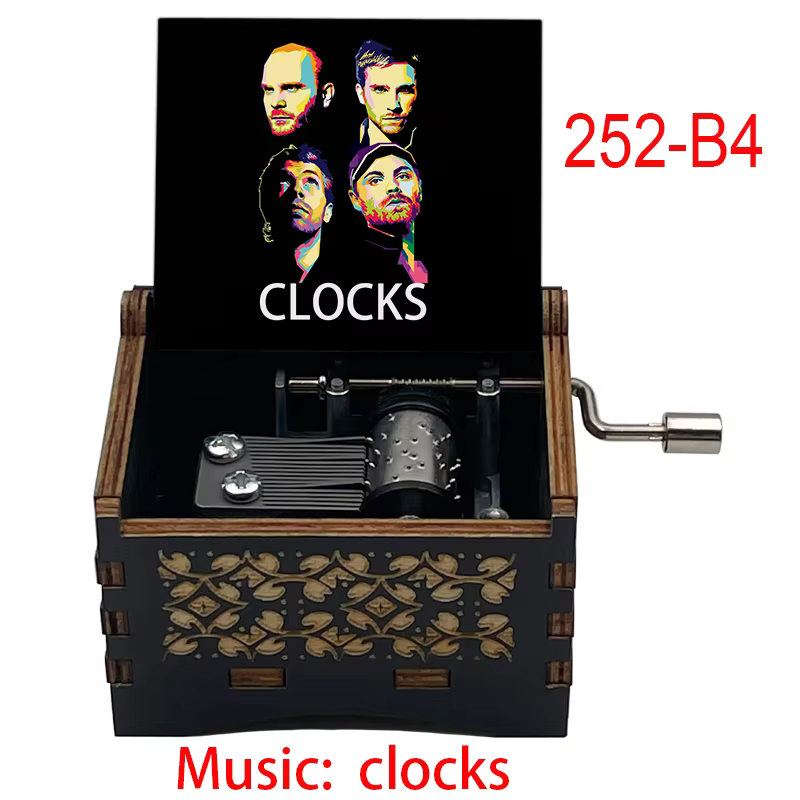 Boîte à musique en bois populaire avec horloge, gravée, à remonter, de style antique, inspirée de groupes célèbres, cadeaux pour les amoureux