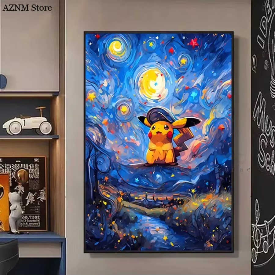 Affiches de personnage d'anime Pokmon Pikachu, toile aquarelle de musée Van Gogh avec images d'art murales imprimées HD pour cadeaux de salon