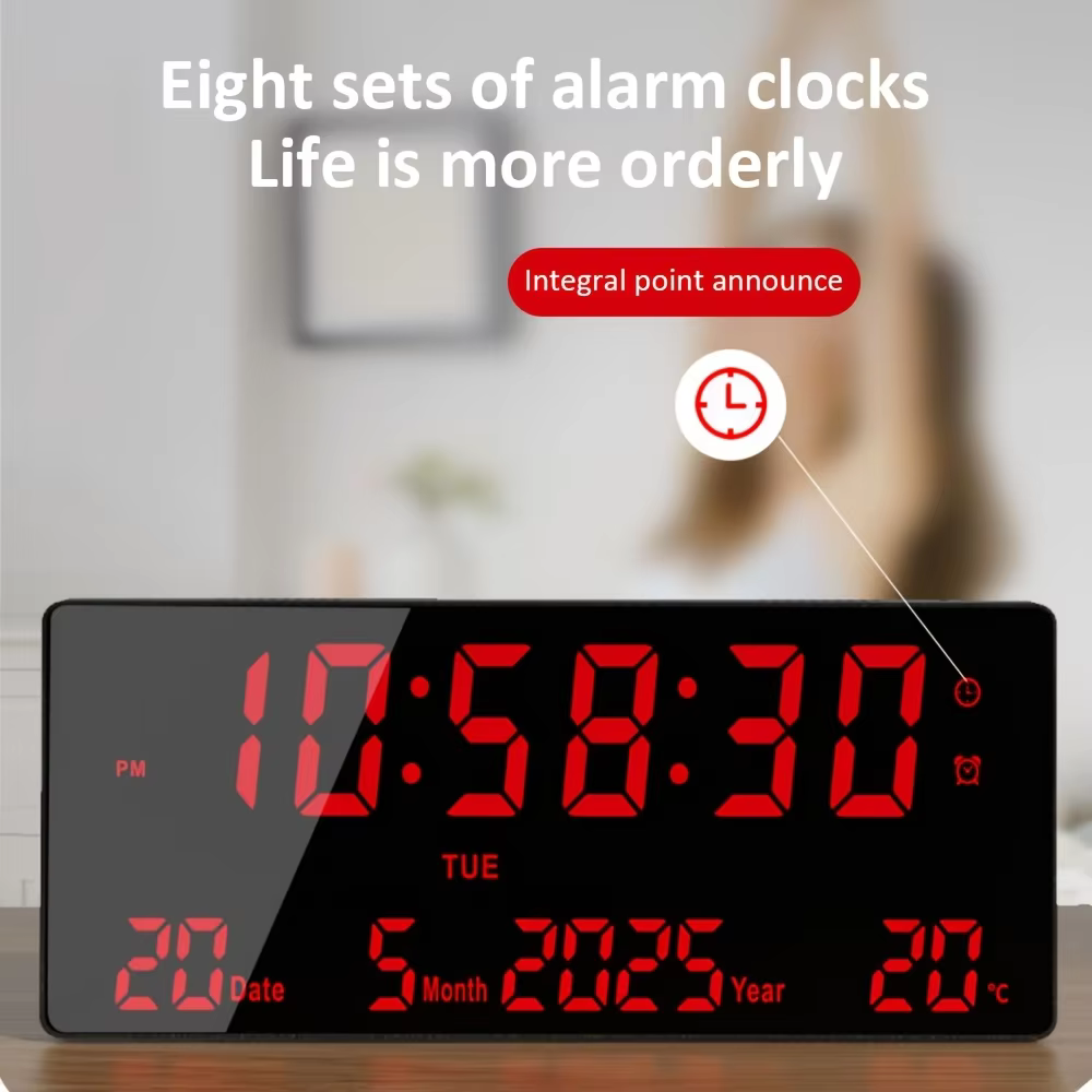 Horloge murale numérique LED de 15 pouces avec télécommande - 8 alarmes, affichage de la température, veilleuse à gradation automatique, fonction mémoire