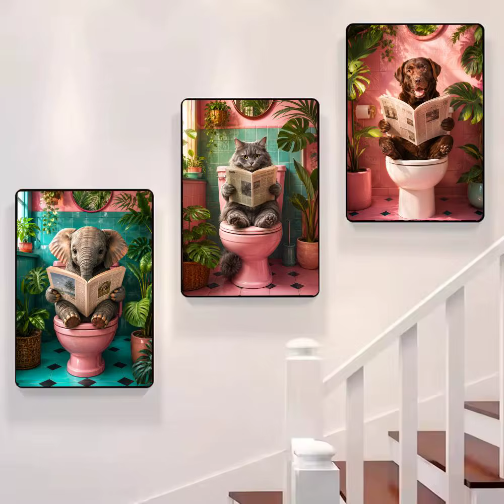 Tableau mural sur toile avec chat de salle de bain lisant sur les toilettes, calligraphie, pour décoration intérieure de chambre et maison