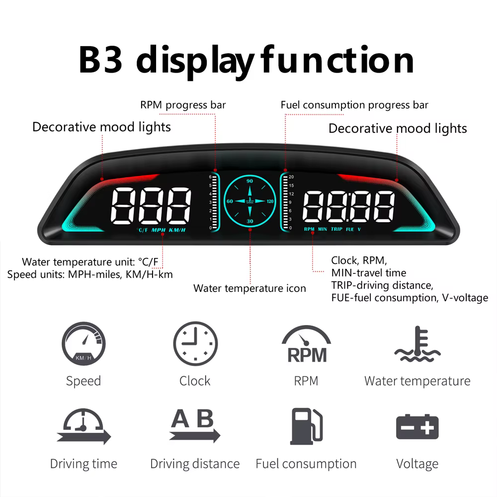 Compteur de vitesse B3, affichage tête haute, tachymètre de température de l'eau, RPM, consommation de carburant, voltmètre, ordinateur de bord, OBD2 HUD