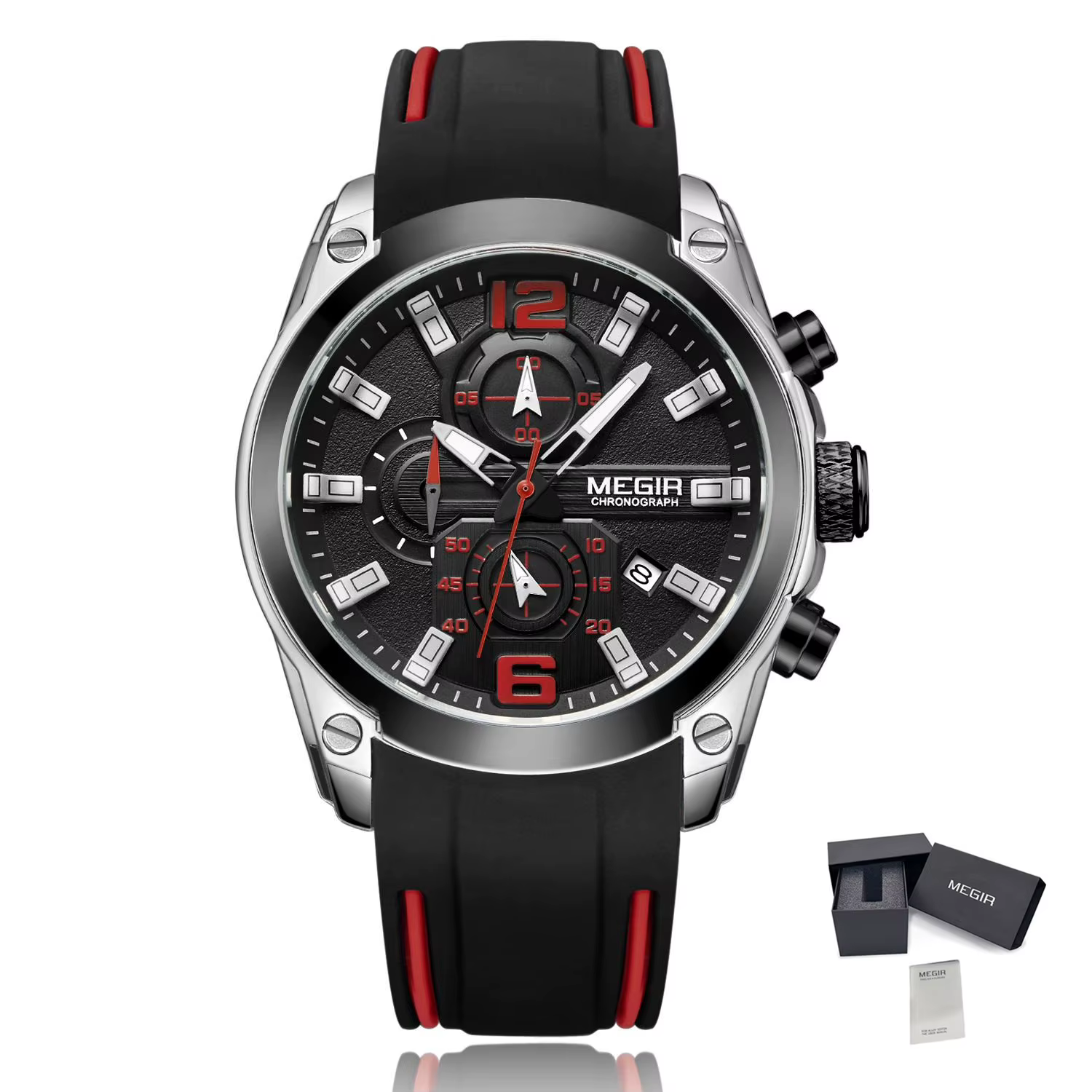 Montre Chronographe Analogique à Quartz Megir 2063 avec Date, Aiguilles Lumineuses, Bracelet en Caoutchouc Silicone Étanche, Acier Inoxydable