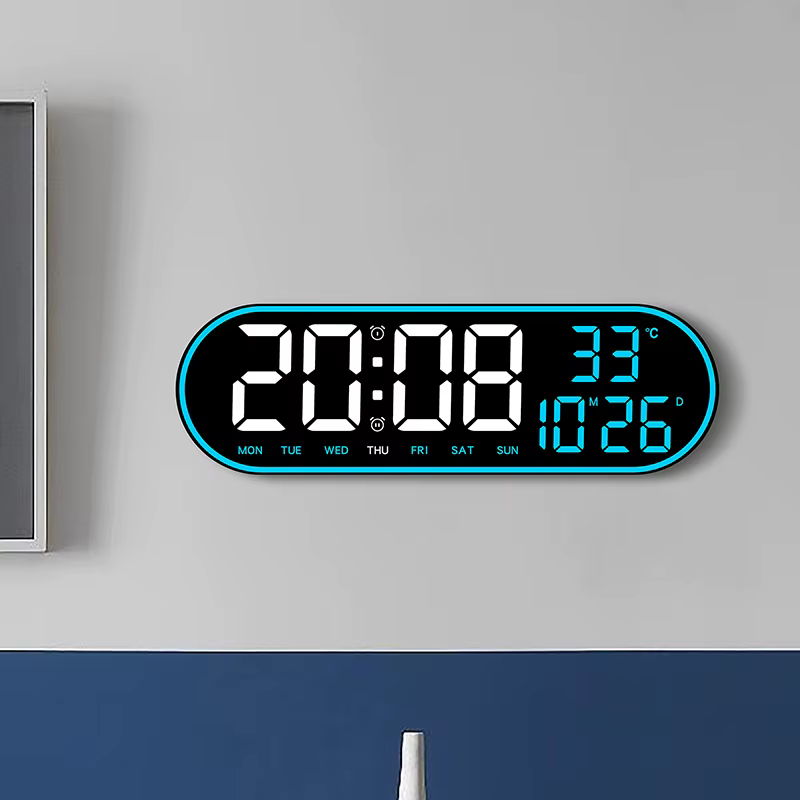 Grande horloge murale numérique de 15 pouces, horloge électronique LED avec cadre coloré, affichage de la température, de la Date, de la semaine, Snooze, double réveil