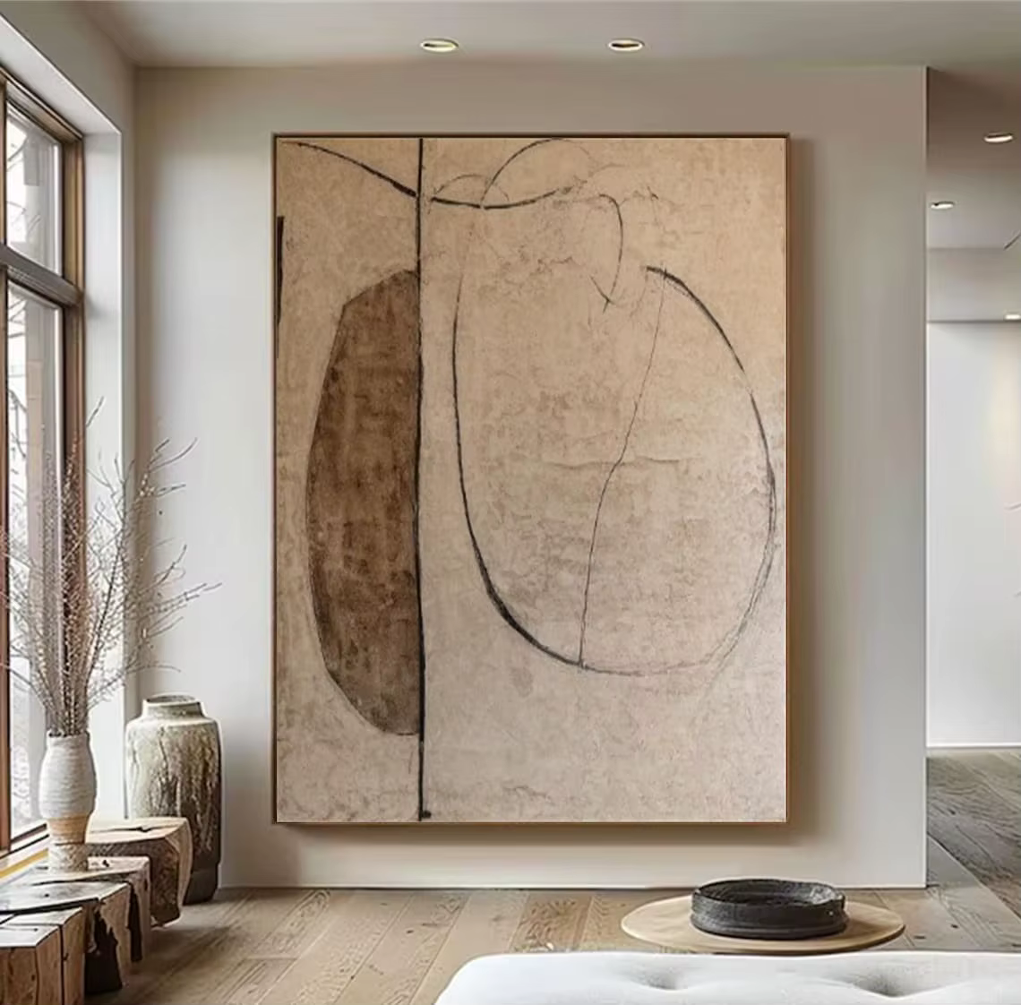 Peinture Wabi-Sabi faite à la main, art mural, grande peinture abstraite minimaliste marron sur toile, art en plâtre, décoration