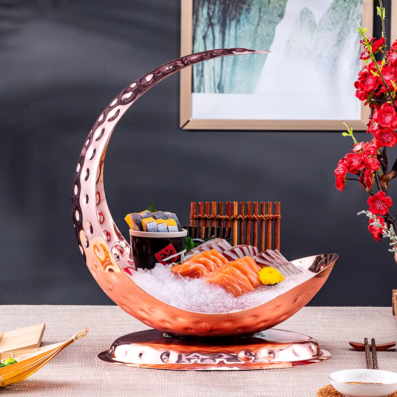 Assiette de sashimi de fruits de mer haut de gamme, assiette de glace, grand poisson saumon, épine crue, assiette spéciale, plats de conception artistique, vaisselle