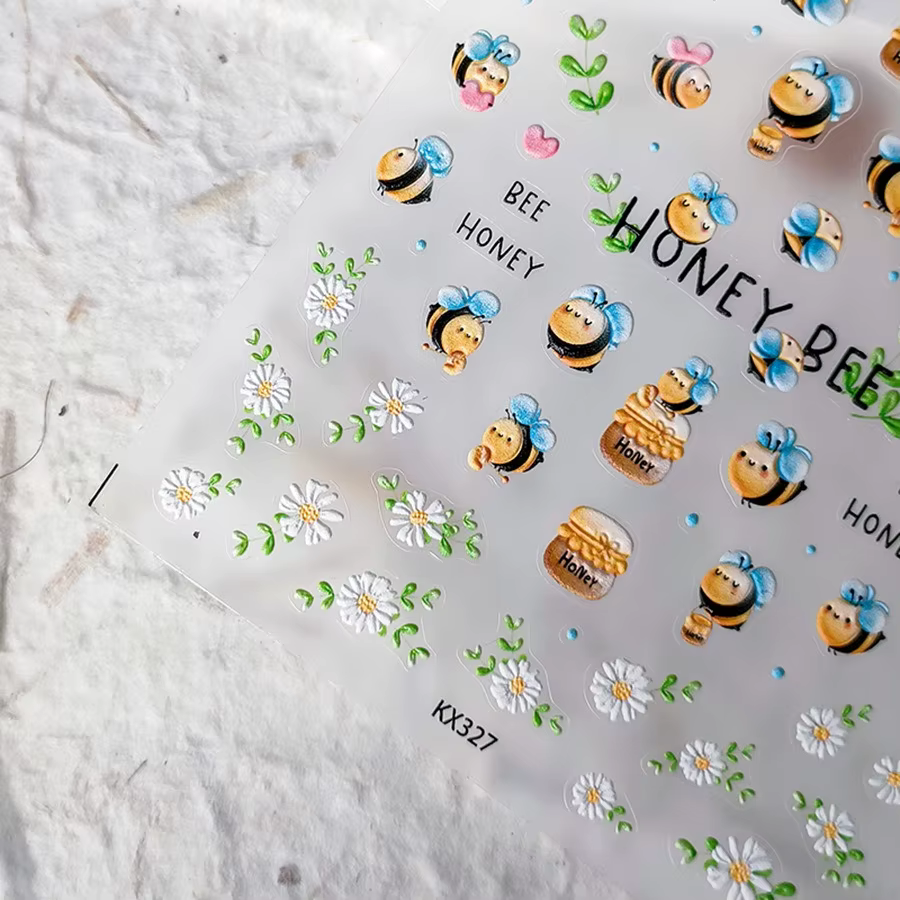 Pot de miel d'abeille mignon, fleurs de marguerite, Pot de miel, amour, cœur, feuilles vertes, Reliefs, autocollants auto-adhésifs pour Nail Art, décalcomanie de manucure