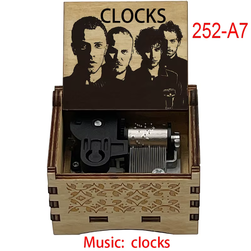 Boîte à musique en bois populaire avec horloge, gravée, à remonter, de style antique, inspirée de groupes célèbres, cadeaux pour les amoureux
