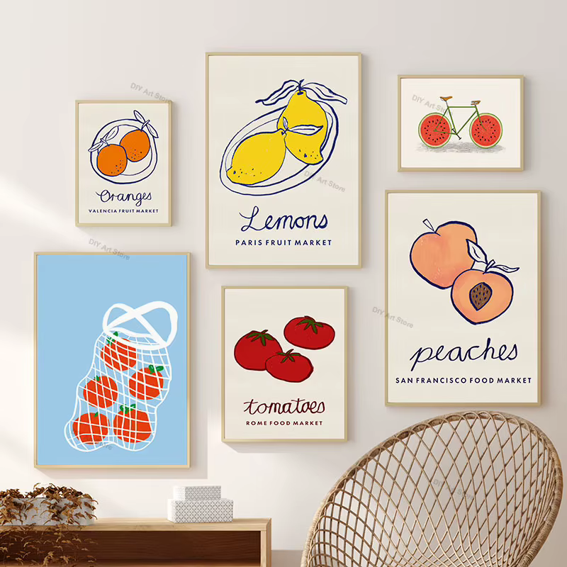 Affiche et impressions abstraites de fruits (citron, orange, pêche, tomate), peinture sur toile, décorations murales pour cuisine et salle à manger