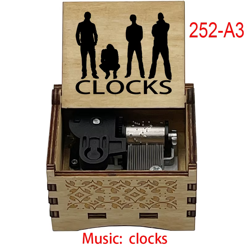 Boîte à musique en bois populaire avec horloge, gravée, à remonter, de style antique, inspirée de groupes célèbres, cadeaux pour les amoureux