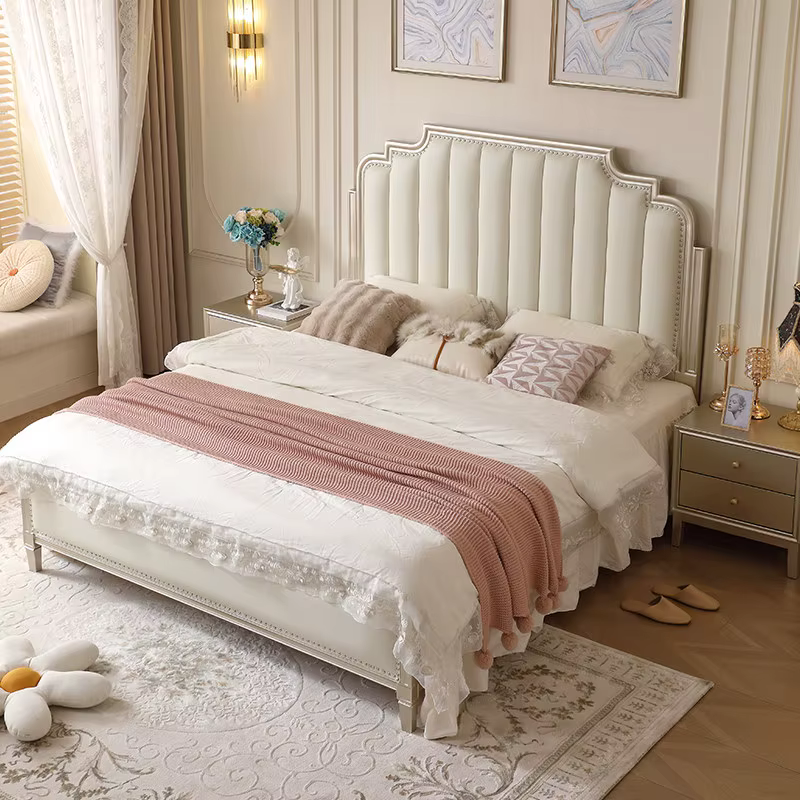Lit King Size Blanc de Luxe en Bois, Cadre de Lit Double Moderne Européen, Chambre Princesse, Accessoires de Maison