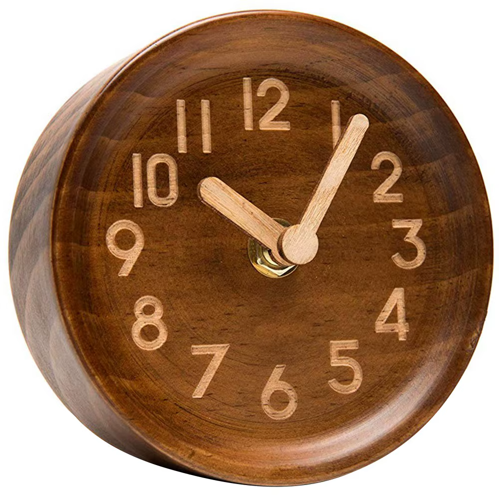 ABYN-horloge analogique de bureau et de Table en bois en pin véritable (foncé)-à piles avec mécanisme silencieux précis